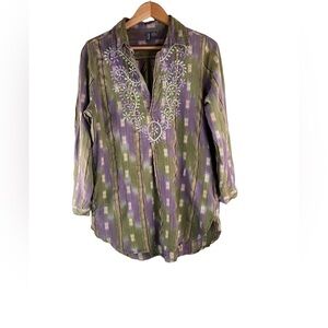 ANU Lavender Olive Green Embroidered Tunic Cotton Size M